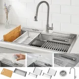 ACQUA 33 in. Drop-In/Undermount 3-Level Workstation Sink with Faucet, Waterfall & Glass Rinser