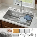 ACQUA 33 in. Drop-In/Undermount 3-Level Workstation Sink with Waterfall Faucet & Glass Rinser