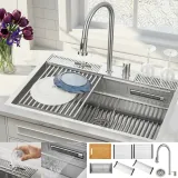 ACQUA 33 in. Drop-In/Undermount 3 Level Workstation Sink with Faucet, Waterfall & Glass Rinser