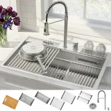 ACQUA 33 in. Drop-In/Undermount 3-Level Workstation Sink with Faucet, Waterfall & Glass Rinser
