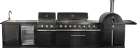 All Aperto 99,600 BTU Outdoor Kitchen, 5 Burners, Infrared Burners, Side Burner, Black Sintered Stone Countertops, Gas Pizza Oven, Sink Module, Bar & Beverage Center