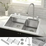 ACQUA 33 in. Drop-In/Undermount 40/60 Double Bowl Stainless Steel Sink with Waterfall Faucet