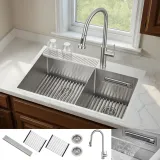 ACQUA 33 in. Drop-In/Undermount 40/60 Double Bowl Sink with Retractable Faucet & Waterfall