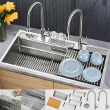 ACQUA 45 in. Drop-In/Undermount 3-Level Workstation Sink with Two Faucets & Glass Rinser