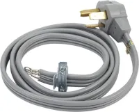 6' Gray Electric Dryer Power Cord with 30-amp, 3-Wire, right-angle plug, and adjustable strain relief bracket