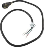 6' Electric Range Power Cord, rated 40 A, 4-wire 4-ring terminal connectors, and right-angle 4-prong plug