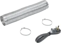 4' Black Dryer Vent Kit power cord, 3-wire, right-angle 3-prong plug, 8' metal slit-cuff vent, and two 4