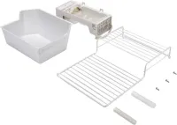 Refrigerator Ice Maker Assembly, White, with the icemaker, ice bin, water valve, hardware, and instructions