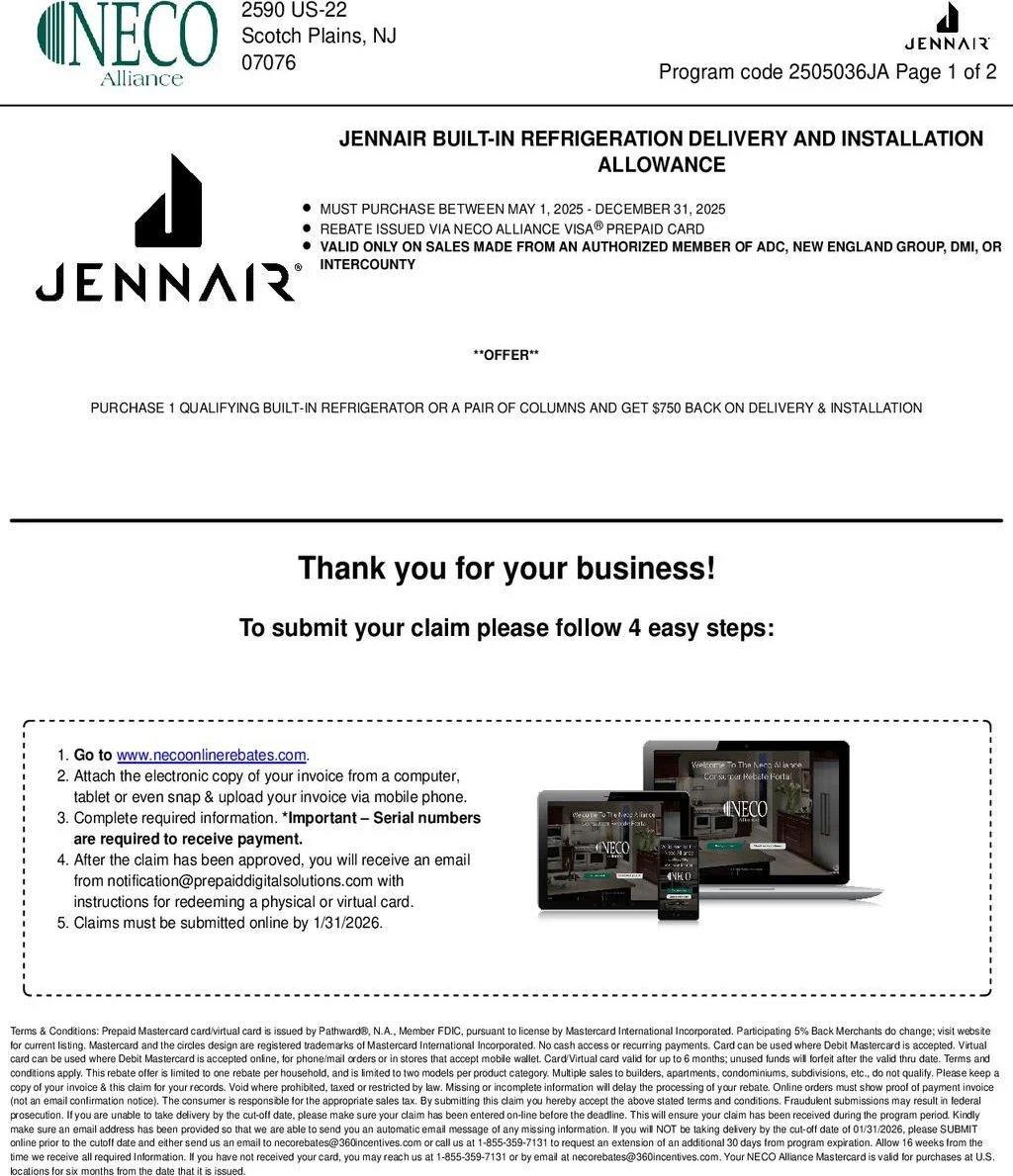 Jennair Built In Refrigeration Delivery and Installation Allowance