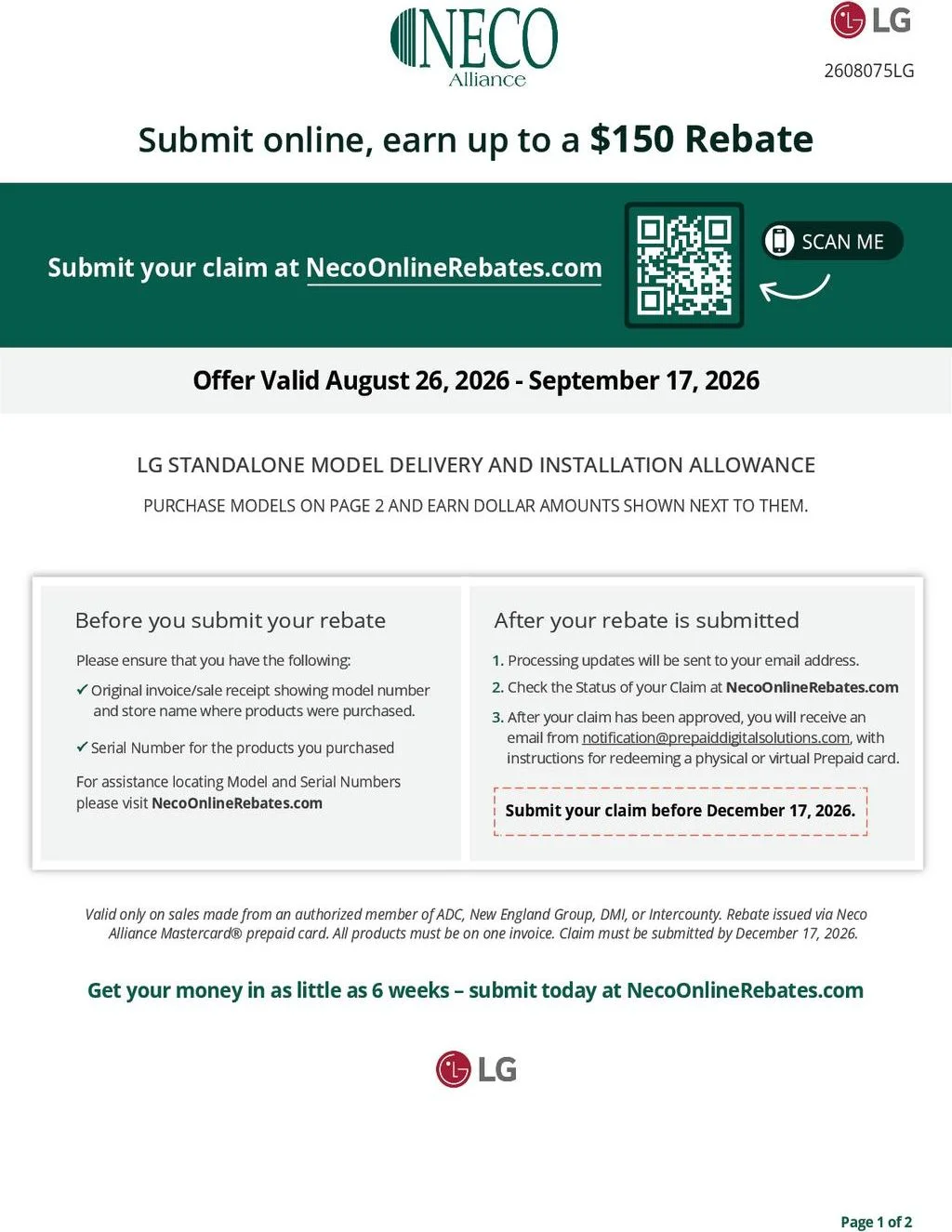 LG Appliances Standalone Model Delivery and Installation Allowance