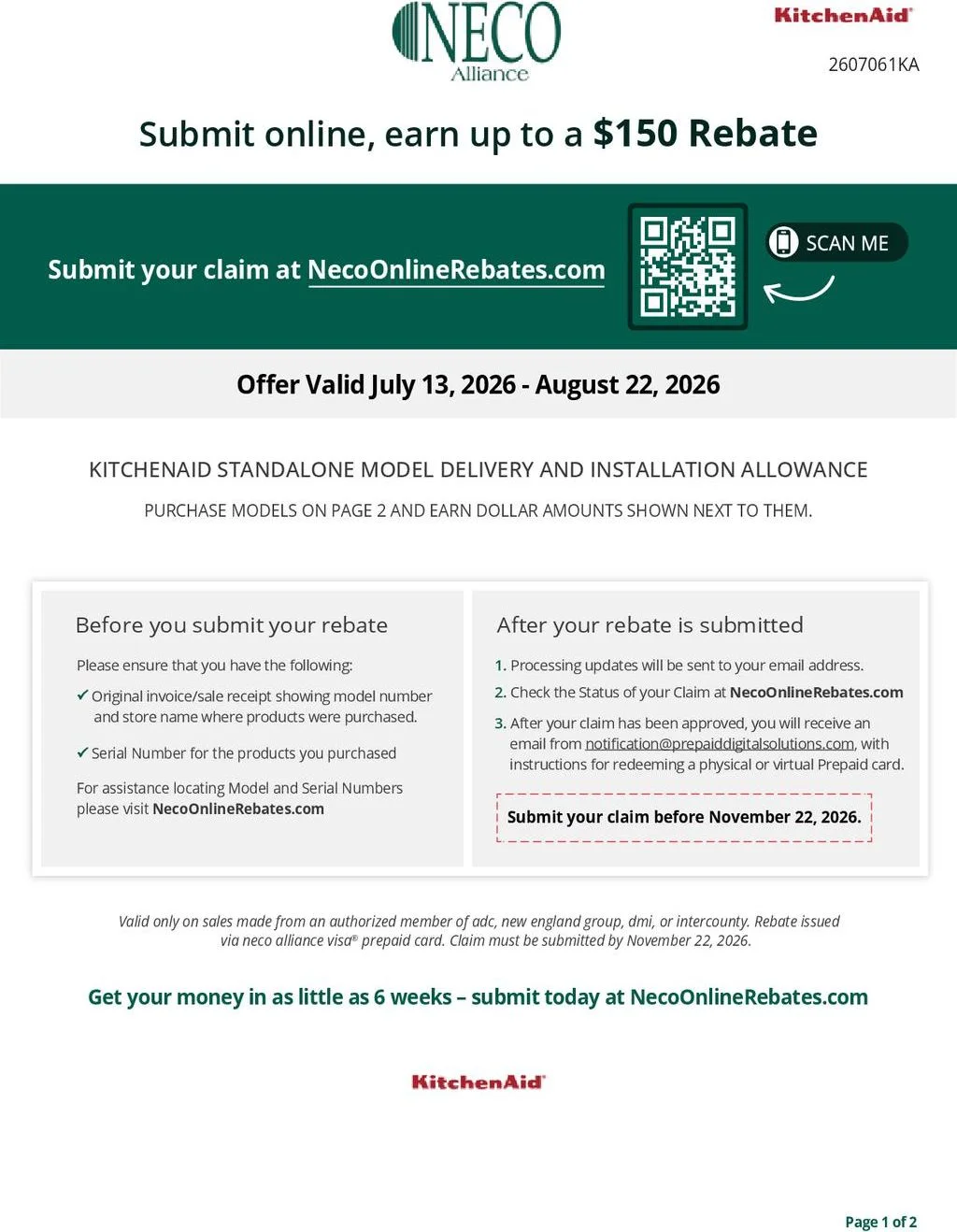KitchenAid Standalone Model Delivery and Installation Allowance