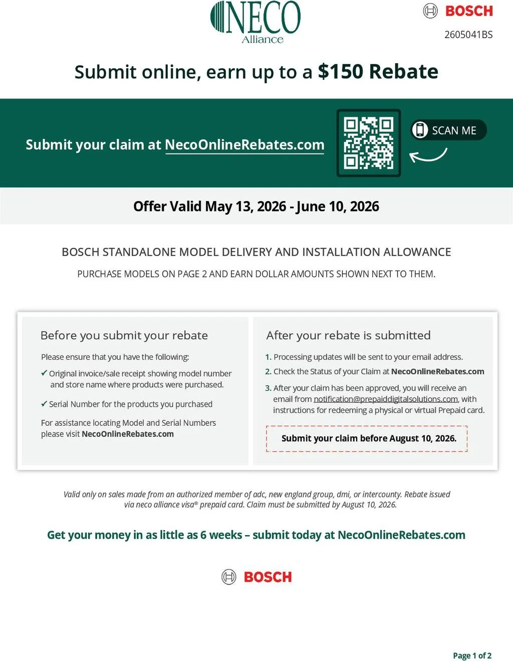 Bosch Standalone Model Delivery and Installation Allowance