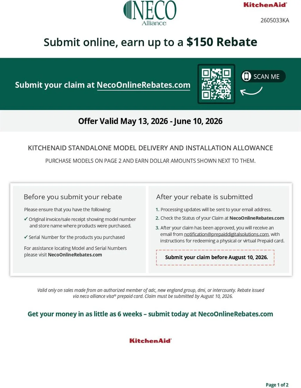 KitchenAid Standalone Model Delivery and Installation Allowance