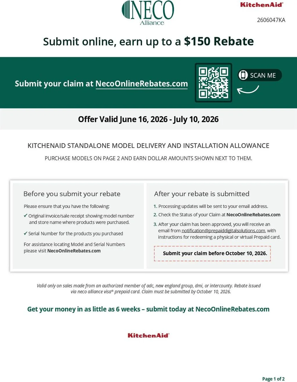 KitchenAid Standalone Model Delivery and Installation Allowance
