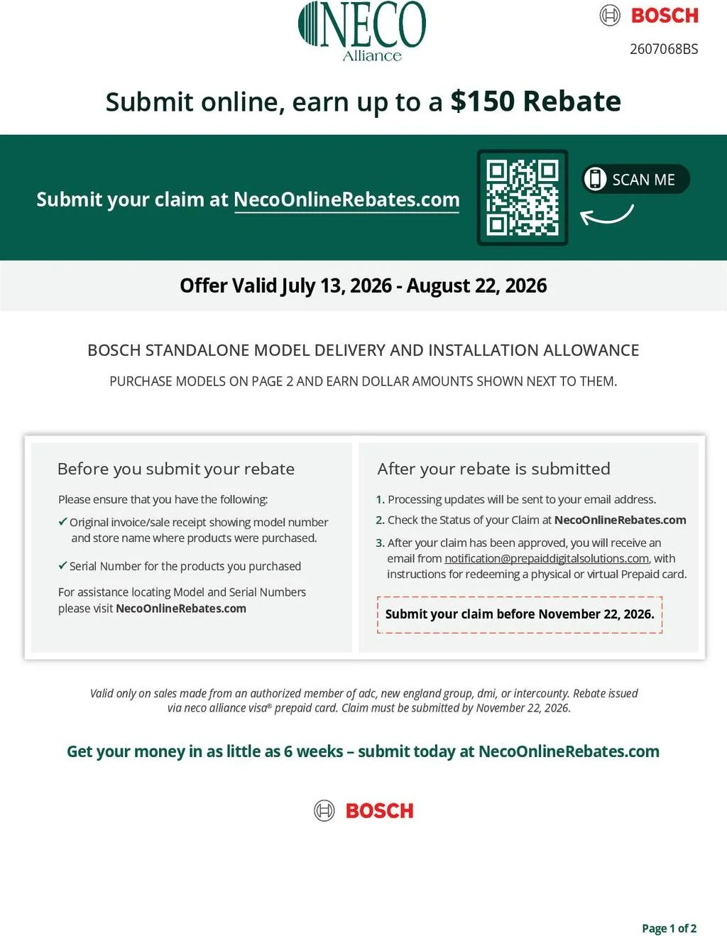 Bosch Standalone Model Delivery and Installation Allowance