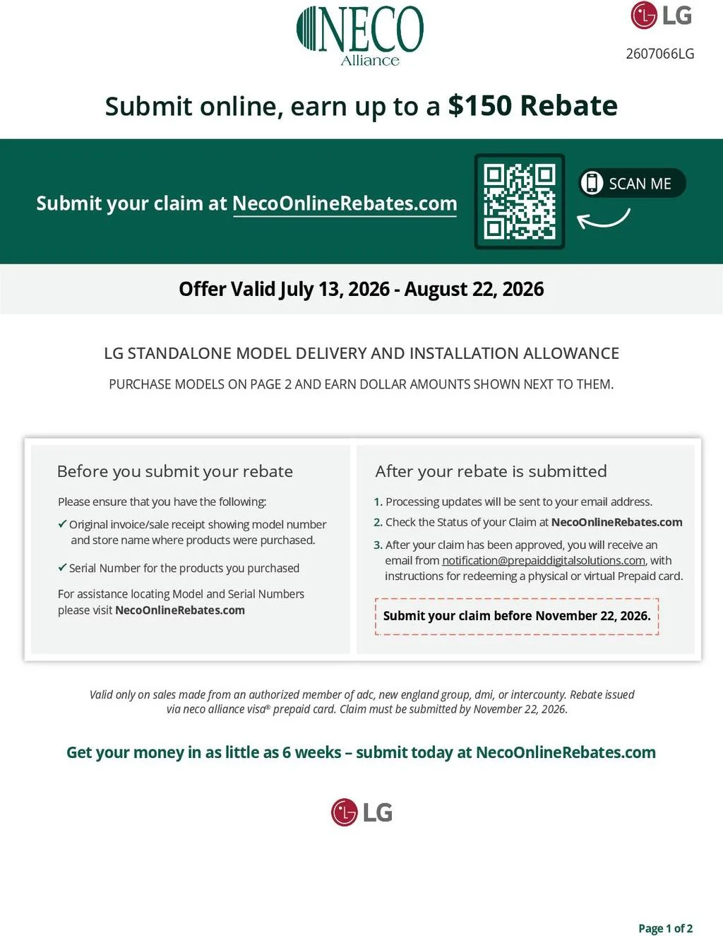 LG Appliances Standalone Model Delivery and Installation Allowance