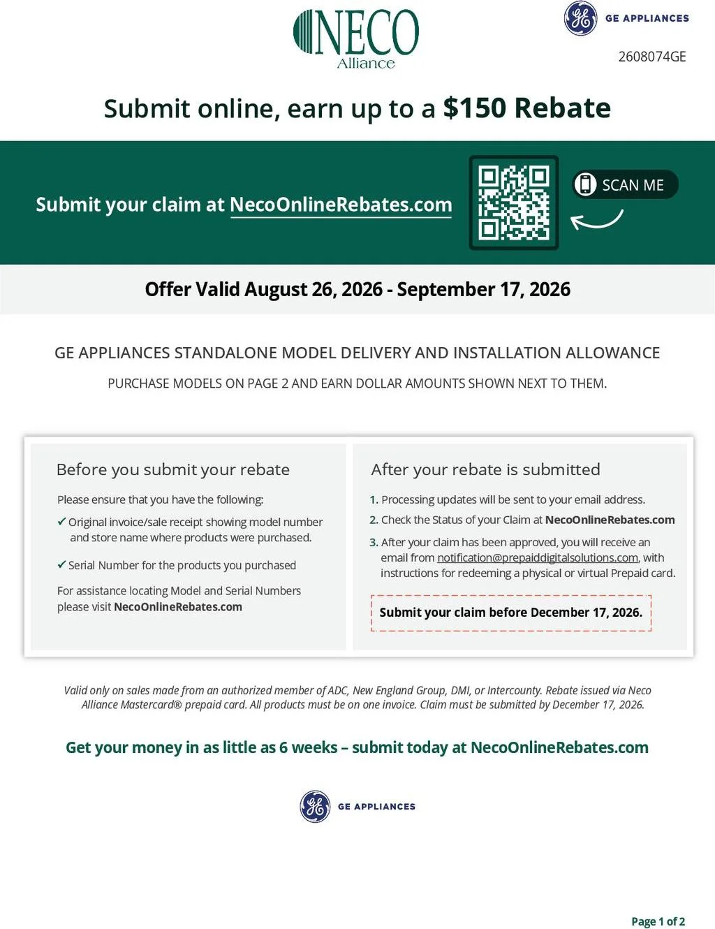 GE Appliances Standalone Model Delivery and Installation Allowance