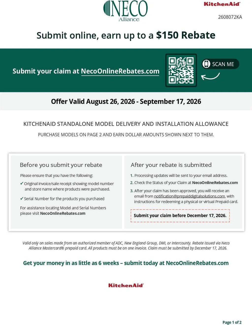 KitchenAid Standalone Model Delivery and Installation Allowance