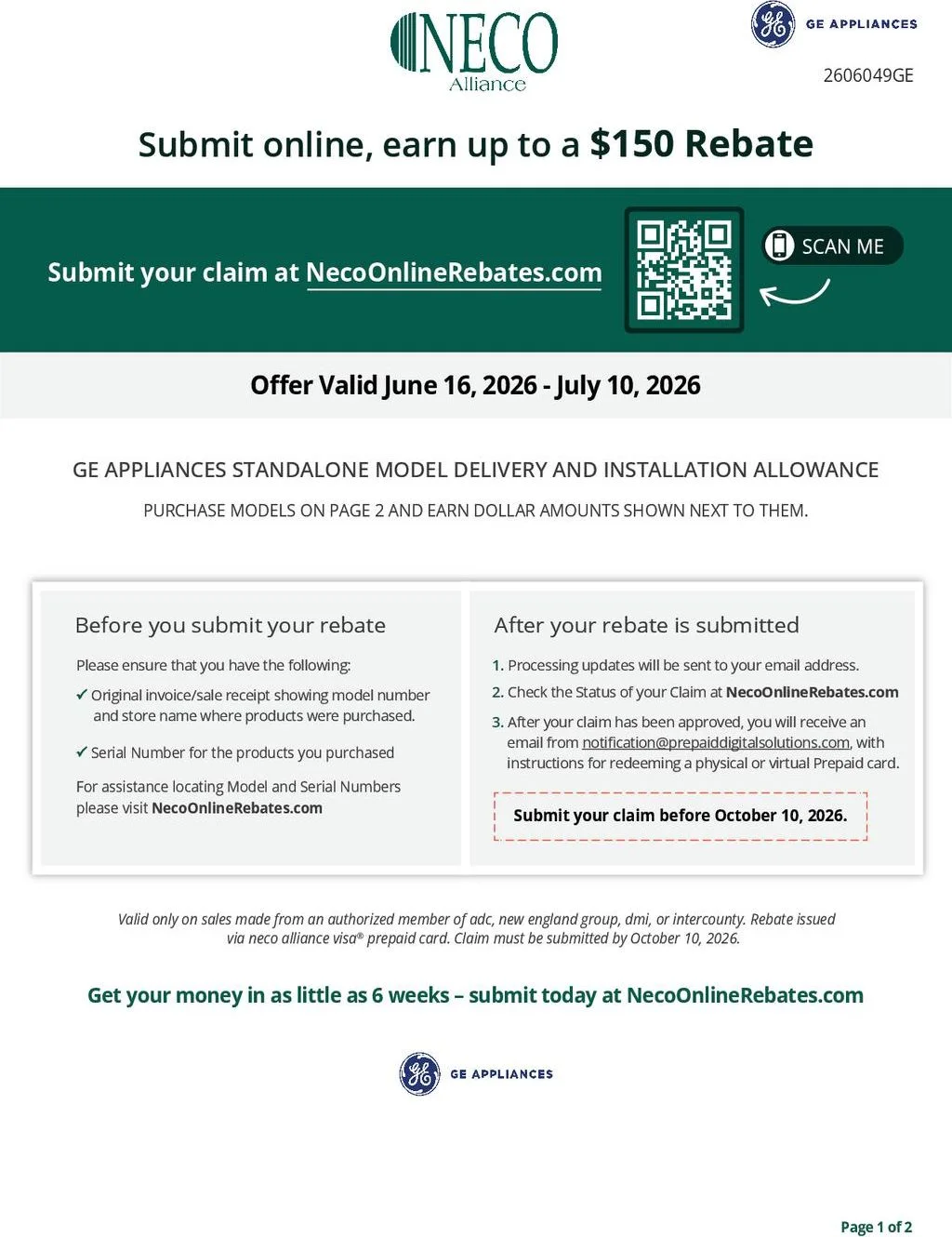 GE Appliances Standalone Model Delivery and Installation Allowance