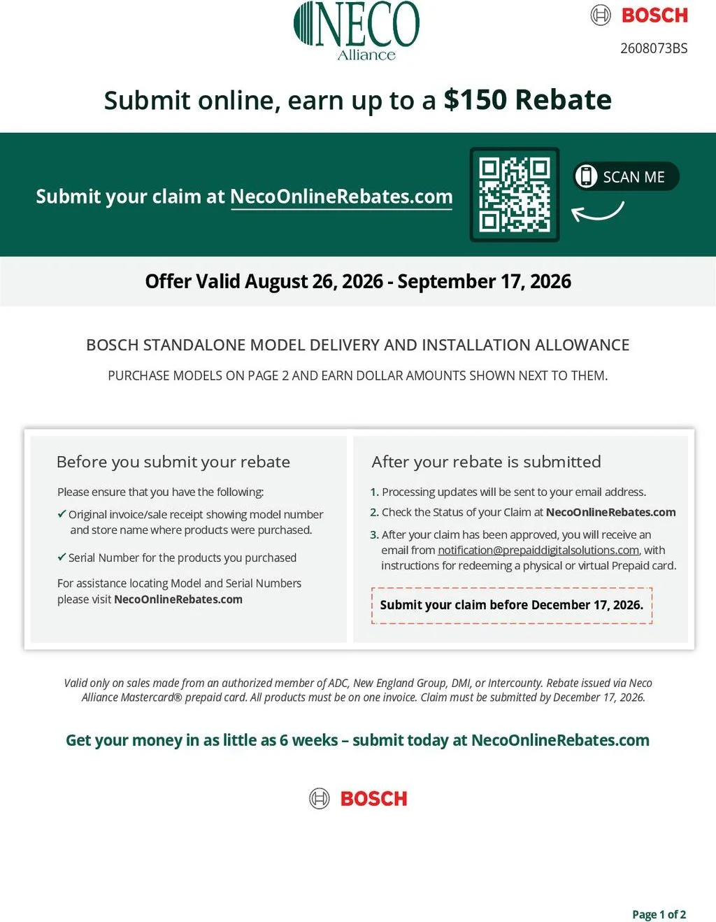 Bosch Standalone Model Delivery and Installation Allowance